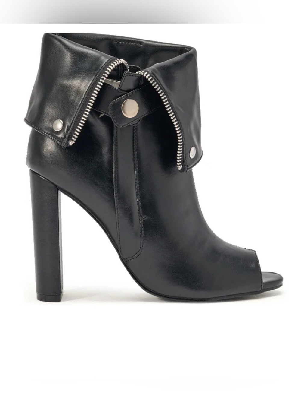 Black Peep-Toe Leather Ankle Boot with Fold-Over Zipper Detail